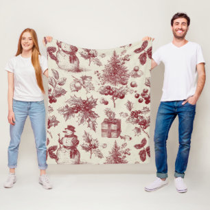 Couverture Polaire Toile de Noël botanique rouge vintage - Houx