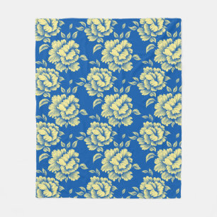 Couverture Polaire Toile de pivoine bleu et jaune - Décor champêtre f