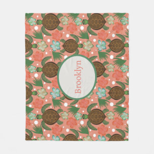 Couverture Polaire Tortue de mer et Hibiscus Coral Rose Floral