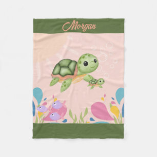 Couverture Polaire Tortues de mer mignonnes en océan rose,