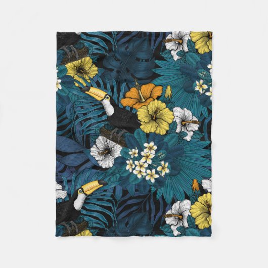 Couverture Polaire Toucans et flore tropicale, bleu, jaune, orange (Devant)