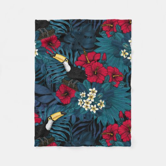 Couverture Polaire Toucans et flore tropicale, verte et rouge (Devant)