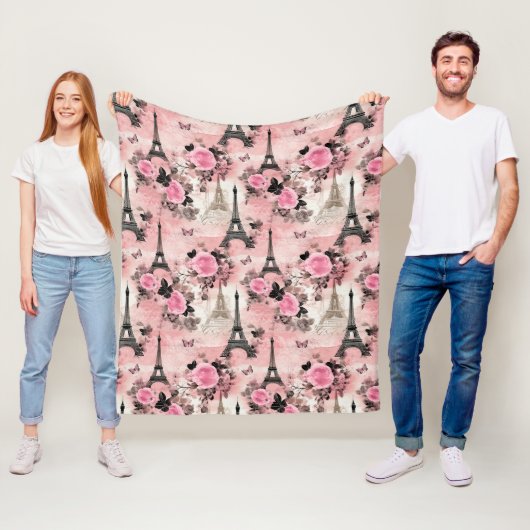 Couverture Polaire Tour Eiffel Chic Rose Noir & Blanc Paris Français (En situation)