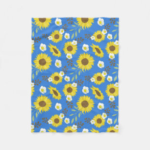 Couverture Polaire Tournesol jaune fond bleu fleur floral
