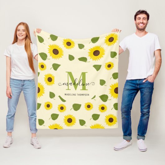Couverture Polaire Tournesol rustique Jaune Feuille verte Script Mono (En situation)