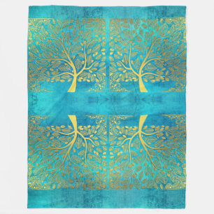 Couverture Polaire Tourquoise Blue et Gold Tree of Life