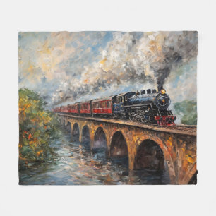 Couverture Polaire Train à vapeur sur un pont - Peinture à l'huile