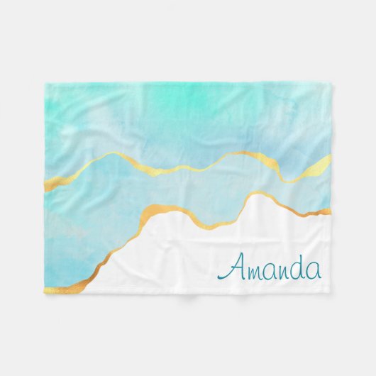 Couverture Polaire Tranquille Tropical Vert Bleu avec bordure or (Devant (Horizontal))