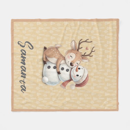 Couverture Polaire Tree pattern reindeer snowman orange beige name (Devant (Horizontal))