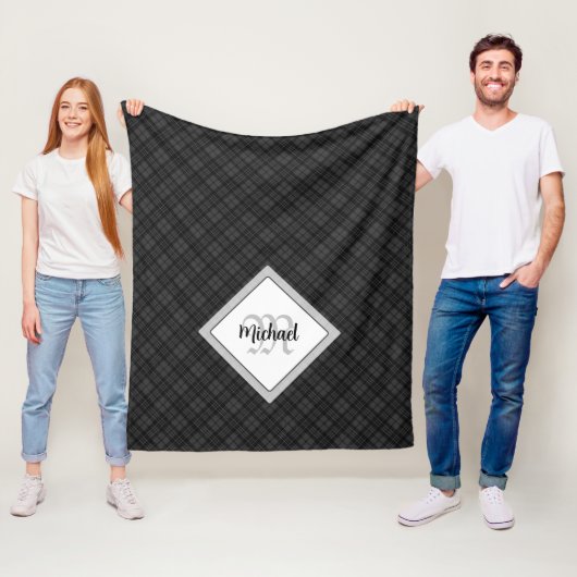 Couverture Polaire Trendy noir blanc tartan Personnaliser Monogramme (En situation)
