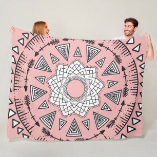 Couverture Polaire Tribal Aztèque Bohème Rose Noir Mandala