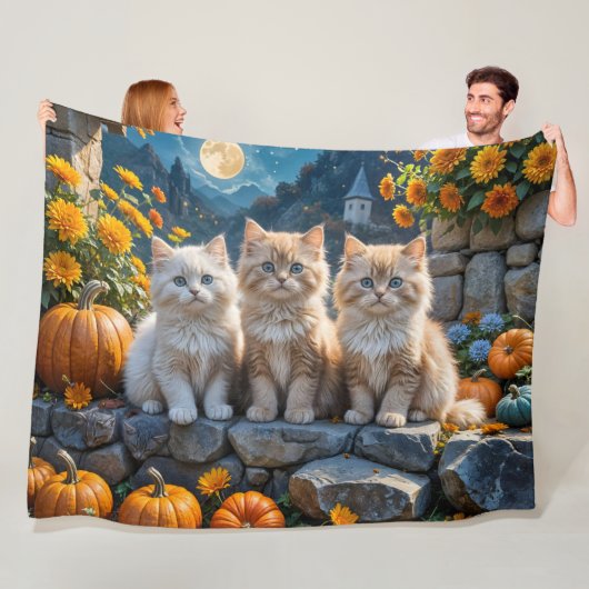Couverture Polaire Trois chatons d'automne à la luffée avec Citrouill (En situation)