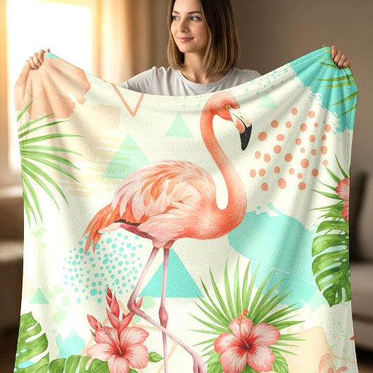 Couverture Polaire Tropical Flamingo Watercolor & Geometric Pattern