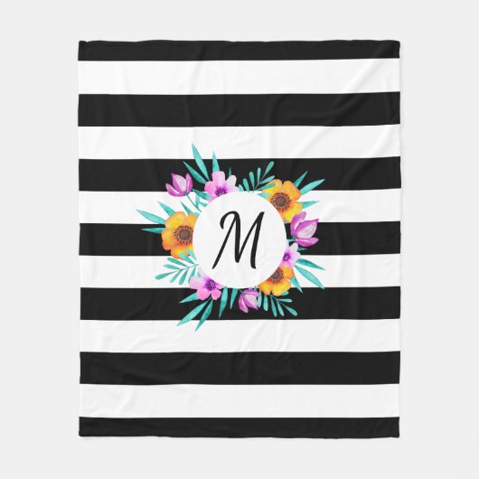 Couverture Polaire Tropical Floral Wreath Black Stripes Monogramme (Devant)