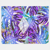 Couverture Polaire Tropical violet Monstera Motif feuille moderne (Devant (Horizontal))