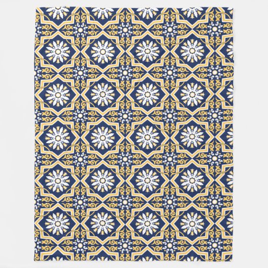Couverture Polaire Tuile marocaine arabesque blanche or bleu complexe (Devant)