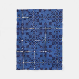 Couverture Polaire Tuiles portugaises - Azulejo Blue Floral Leaf Desi