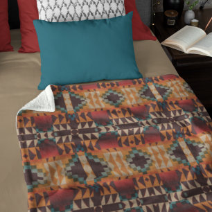 Couverture Polaire Turquoise Bleu Rouge Brown Orange Tribal Art Motif