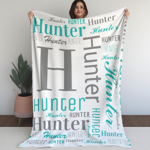 Couverture Polaire Turquoise et gris Nom et Monogramme Cloud Word Art