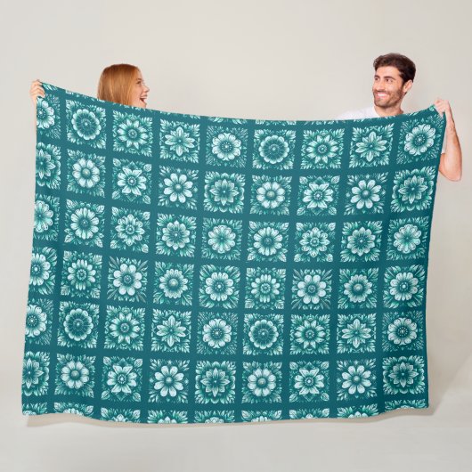 Couverture Polaire Turquoise Flowers Patterned (En situation)