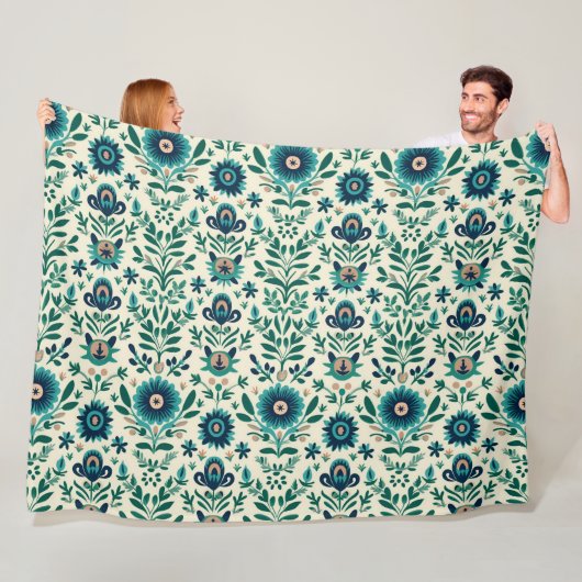 Couverture Polaire Turquoise Green Swedish Folk Art Motif (En situation)