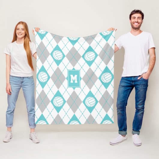 Couverture Polaire turquoise gris Jacquard plaid volleyball monogramm (En situation)