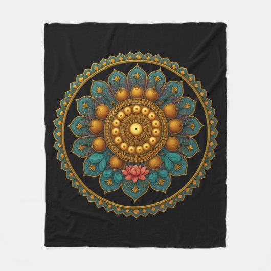 Couverture Polaire Turquoise Lotus Mandala - Black Boho Graphic Art (Devant)
