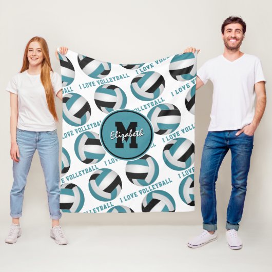 Couverture Polaire turquoise noir J'aime volleyball texte motif (En situation)