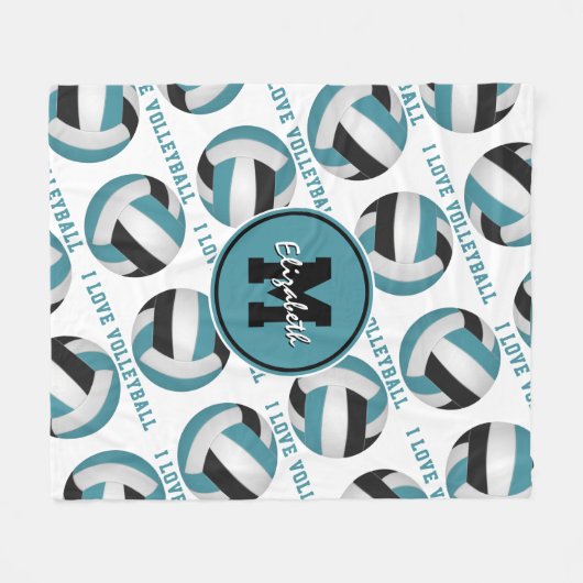 Couverture Polaire turquoise noir J'aime volleyball texte motif (Devant (Horizontal))