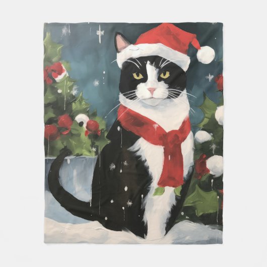 Couverture Polaire Tuxedo Chat en Noël de neige (Devant)