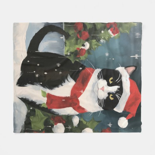 Couverture Polaire Tuxedo Chat en Noël de neige (Devant (Horizontal))