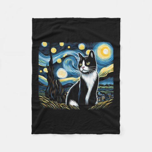 Couverture Polaire Tuxedo Chat Starry Peinture de nuit Tuxedo Proprié (Devant)