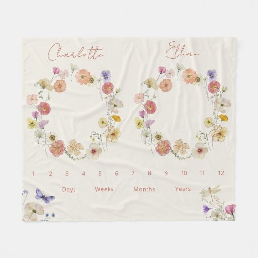 Couverture Polaire Twins Growth Tracker Aquarelle Florale Nouveau-né (Devant (Horizontal))