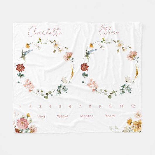Couverture Polaire Twins Growth Tracker Aquarelle Florale Nouveau-né (Devant (Horizontal))