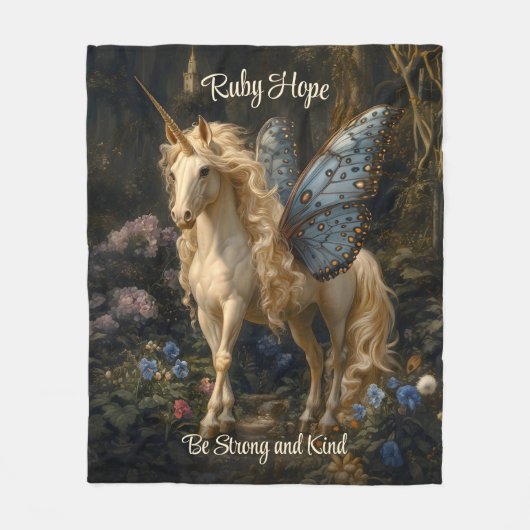 Couverture Polaire Unicorne Blanche avec Bleu Papillon ailes Nursery (Devant)