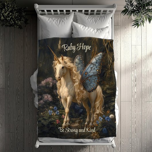 Couverture Polaire Unicorne Blanche avec Bleu Papillon ailes Nursery