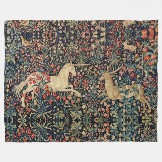 Couverture Polaire UNICORNE ET CERF, FLEURS, ANIMAUX FORESTIERS Flora (Devant (Horizontal))