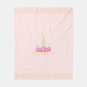 Couverture Polaire Unicorne, fleurs & confetti doré sur rose clair f