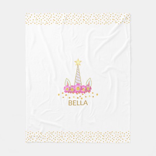 Couverture Polaire Unicorne, fleurs & confettis d'or sur toison blanc (Devant)