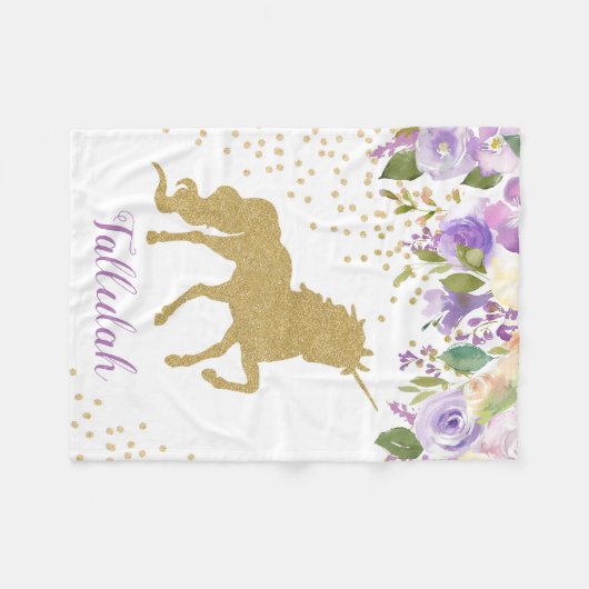 Couverture Polaire Unicorne florale pourpre personnalisée (Devant (Horizontal))