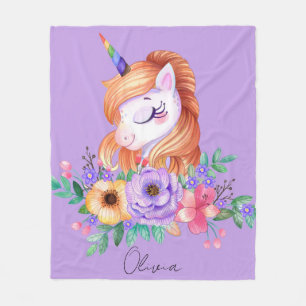 Couverture Polaire Unicorne mauve Avec Monogramme Floral