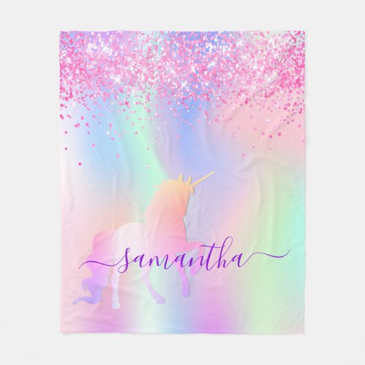 Couverture Polaire Unicorne rose rose violet script de nom (Devant)