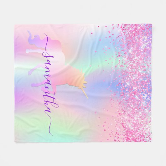 Couverture Polaire Unicorne rose rose violet script de nom (Devant (Horizontal))