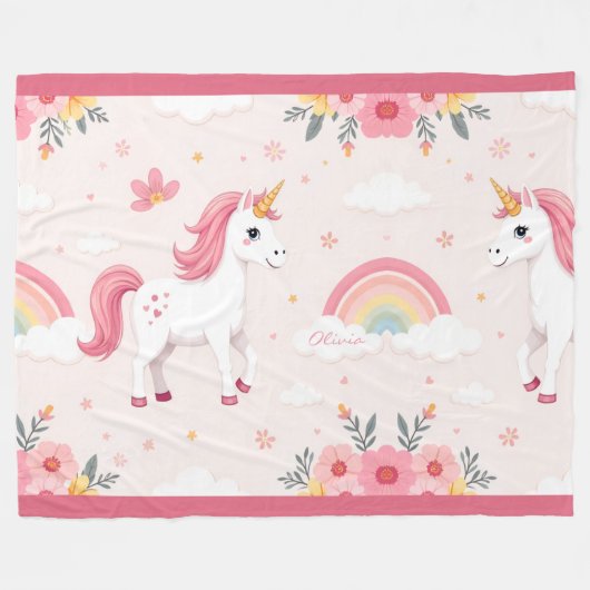 Couverture Polaire Unicornes Dreamy, Arcs-en-ciel, Fleurs, Mignonnes (Devant (Horizontal))