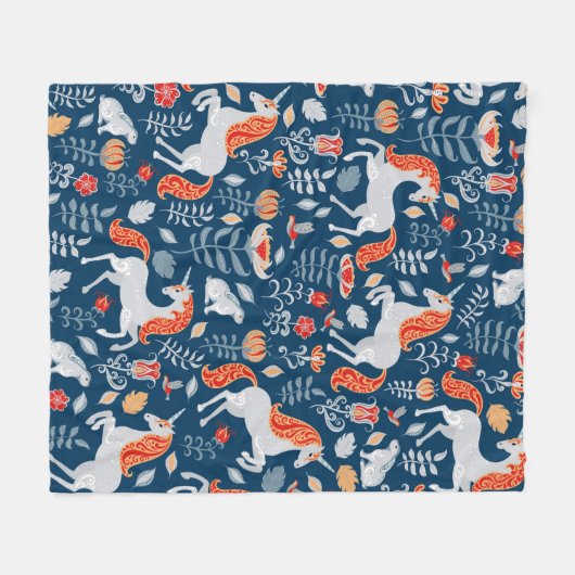 Couverture Polaire Unicornes, lapins, oiseaux, fleurs sur fond bleu (Devant (Horizontal))