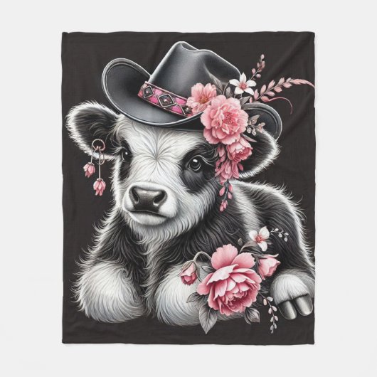 Couverture Polaire Vache bébé dans un Casquette élégant orné de fleur (Devant)