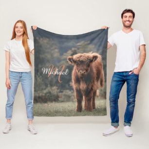Couverture Polaire Vache de Highland calvaire herbe d'automne monogra