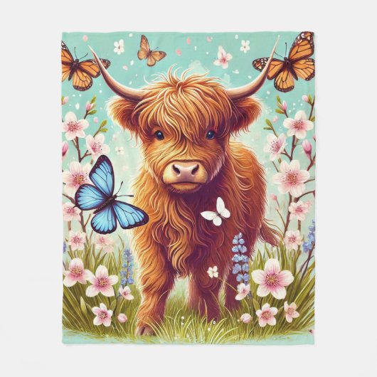 Couverture Polaire Vache Highland avec papillons et fleurs printanièr (Devant)