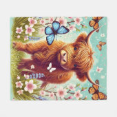 Couverture Polaire Vache Highland avec papillons et fleurs printanièr (Devant (Horizontal))