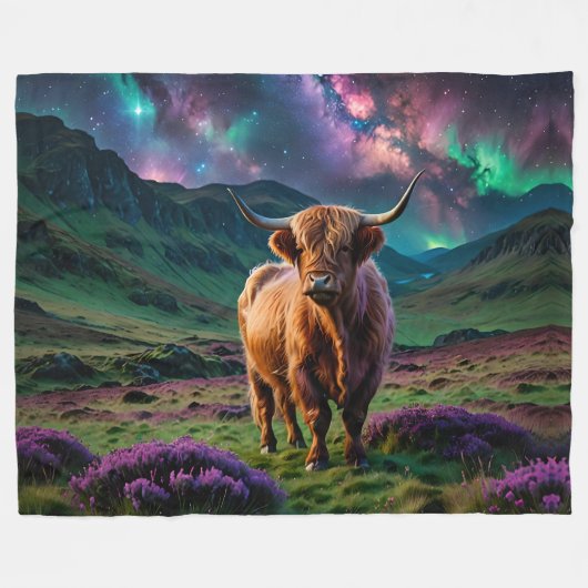 Couverture Polaire Vache Highland sous les étoiles (Devant (Horizontal))